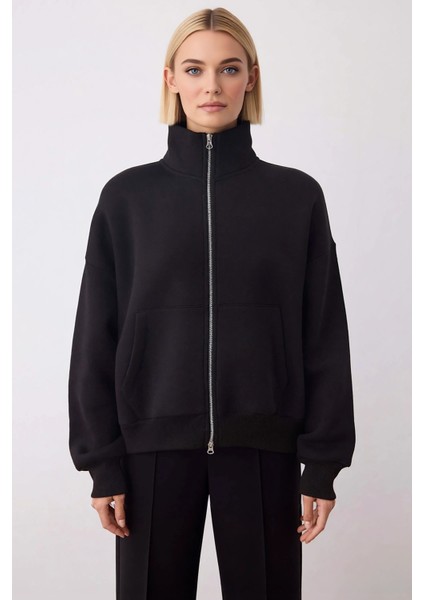 Kadın Dik Yaka Düşük Kol Fermuarlı Geniş Kalıp Sweatshirt Fonksiyonel Dayanıklı Kaliteli Şık modelleri