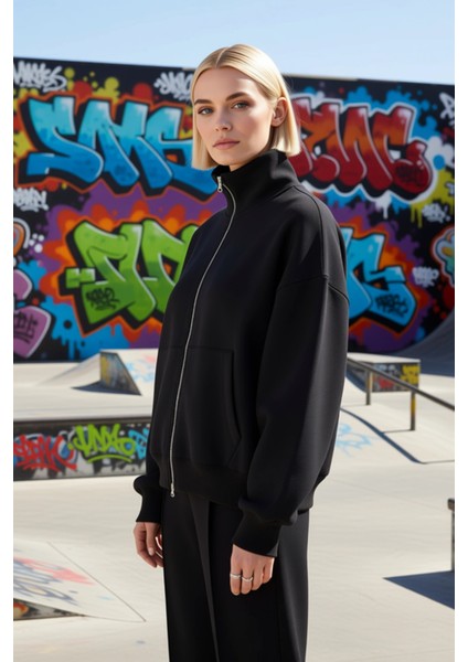 Kadın Dik Yaka Düşük Kol Fermuarlı Geniş Kalıp Sweatshirt Fonksiyonel Dayanıklı Kaliteli Şık indirimleri