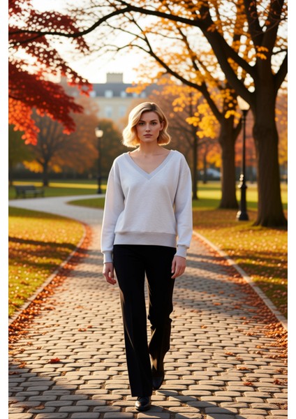 Kadın V Yaka Düşük Kol Oversize Örme Sweatshirt Fonksiyonel Dayanıklı Kaliteli Konforlu Şık