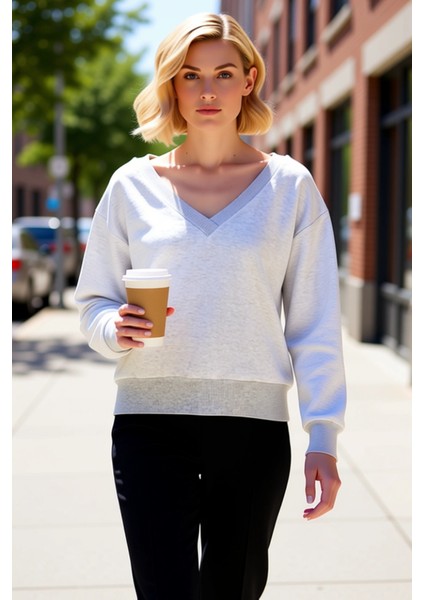 Kadın V Yaka Düşük Kol Oversize Örme Sweatshirt Fonksiyonel Dayanıklı Kaliteli Konforlu Şık fiyatları