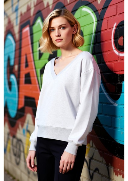 Kadın V Yaka Düşük Kol Oversize Örme Sweatshirt Fonksiyonel Dayanıklı Kaliteli Konforlu Şık indirimleri