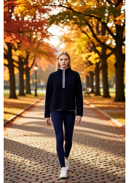 Kadın Dik Yaka Düşük Kol Peluş Örme Sweatshirt Fonksiyonel Dayanıklı Kaliteli Konforlu Şık