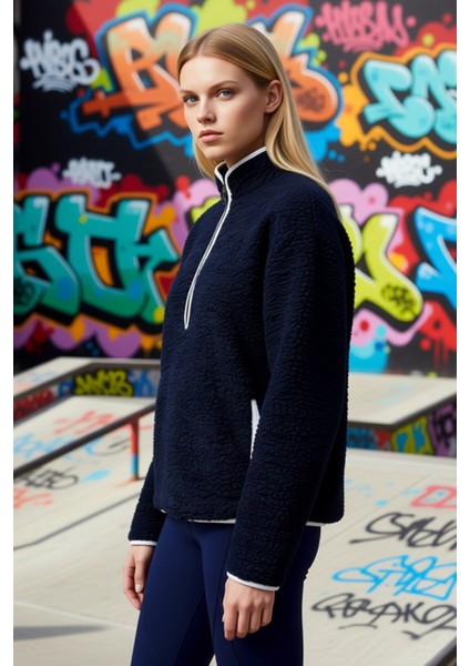 Kadın Dik Yaka Düşük Kol Peluş Örme Sweatshirt Fonksiyonel Dayanıklı Kaliteli Konforlu Şık indirimleri