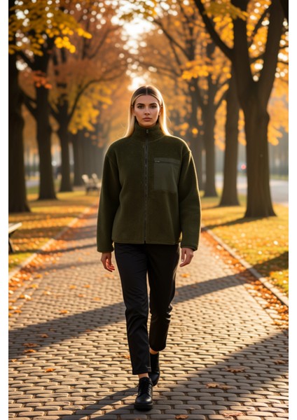 Kadın Dik Yaka Düşük Kol Tam Fermuarlı Peluş Sweatshirt Fonksiyonel Dayanıklı Kaliteli Şık