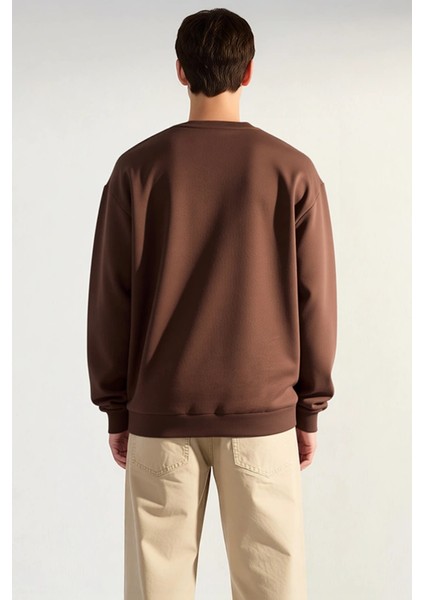 Erkek Bisiklet Yaka Düşük Kol Oversize Slogan Nakışlı Diagonal Sweatshirt Fonksiyonel Spor fırsatları