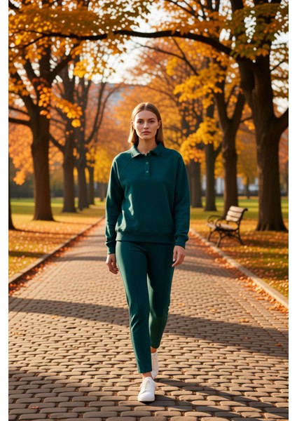 Kadın Polo Yaka Reglan Kol %100 Pamuk Sweatshirt Fonksiyonel Dayanıklı Kaliteli Konforlu Şık