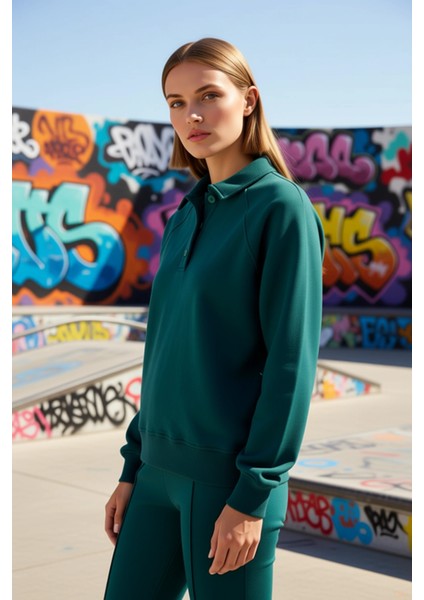 Kadın Polo Yaka Reglan Kol %100 Pamuk Sweatshirt Fonksiyonel Dayanıklı Kaliteli Konforlu Şık indirimleri