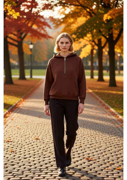 Kadın Kapüşonlu Reglan Kol Yarım Pat Fermuarlı Sweatshirt Fonksiyonel Dayanıklı Kaliteli Şık