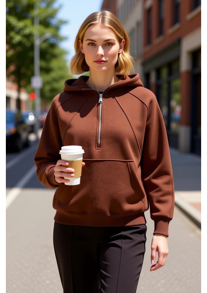 Kadın Kapüşonlu Reglan Kol Yarım Pat Fermuarlı Sweatshirt Fonksiyonel Dayanıklı Kaliteli Şık fiyatları