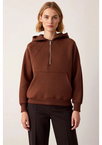 Kadın Kapüşonlu Reglan Kol Yarım Pat Fermuarlı Sweatshirt Fonksiyonel Dayanıklı Kaliteli Şık modelleri