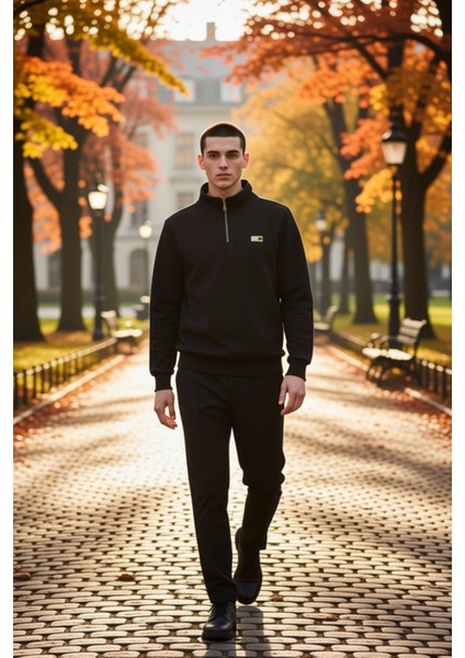 Erkek Dik Yaka Standart Kol Düz Desenli Regular Kalıp Sweatshirt Fonksiyonel Dayanıklı Şık