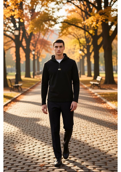 Erkek Kapüşonlu Standart Kol Polar Fermuarlı Sweatshirt Fonksiyonel Dayanıklı Kaliteli Şık