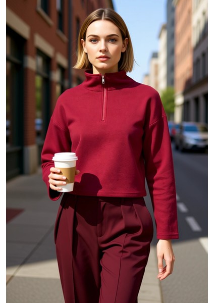 Kadın Dik Yaka Düşük Kol Fermuarlı Regular Kalıp Örme Sweatshirt Fonksiyonel Dayanıklı Şık fiyatları