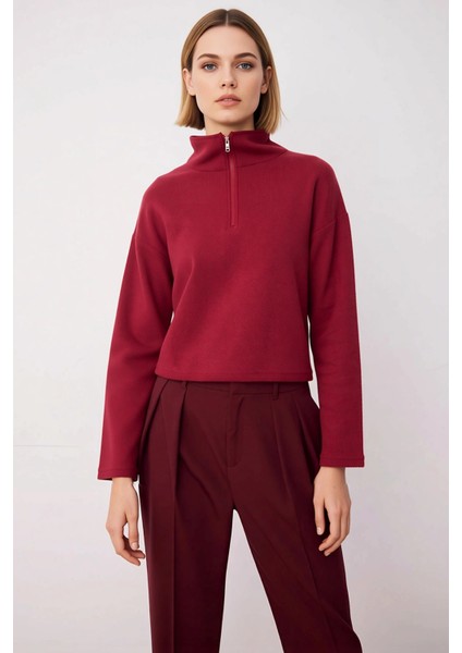 Kadın Dik Yaka Düşük Kol Fermuarlı Regular Kalıp Örme Sweatshirt Fonksiyonel Dayanıklı Şık modelleri