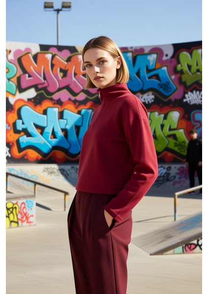 Kadın Dik Yaka Düşük Kol Fermuarlı Regular Kalıp Örme Sweatshirt Fonksiyonel Dayanıklı Şık indirimleri