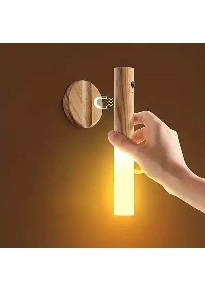Sensörlü USB Şarjlı Mıknatıslı Taşınabilir Duvar Aplik Masa Lambası Ahşap Görünümlü Gün Işığı