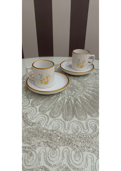 Çift Taraf Renkli Çiçek Baskılı 2 Kişilik Porselen Kahve Seti, Kenarları Gold Detaylı Fincan Takımı modelleri
