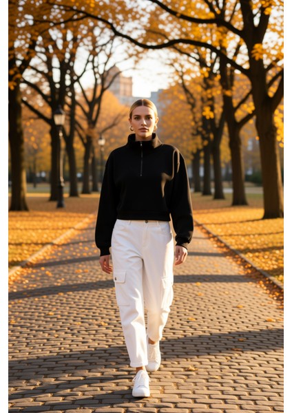 Kadın Fermuarlı Dik Yaka Düşük Kol Örme Sweatshirt Fonksiyonel Dayanıklı Kaliteli Konforlu