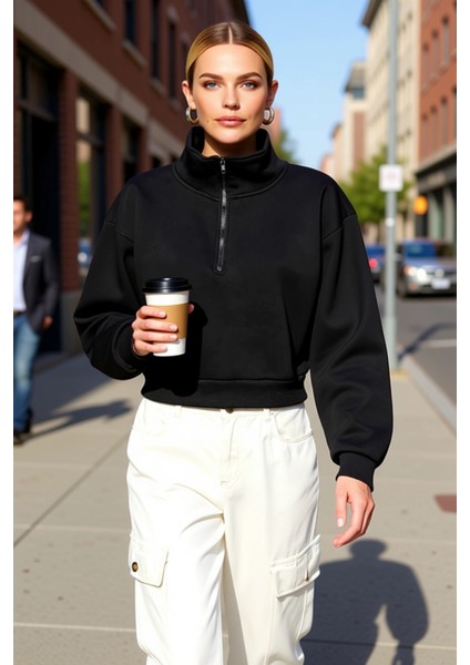 Kadın Fermuarlı Dik Yaka Düşük Kol Örme Sweatshirt Fonksiyonel Dayanıklı Kaliteli Konforlu fiyatları