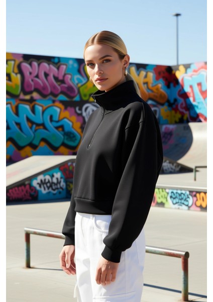 Kadın Fermuarlı Dik Yaka Düşük Kol Örme Sweatshirt Fonksiyonel Dayanıklı Kaliteli Konforlu indirimleri