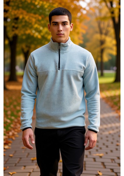 Erkek Dik Yaka Fermuarlı Standart Kol Polar Sweatshirt Fonksiyonel Dayanıklı Kaliteli Spor