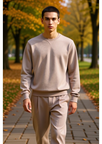 Erkek Düz Bisiklet Yaka Düşük Kol Uzun Kollu Sweatshirt Fonksiyonel Dayanıklı Kaliteli Şık