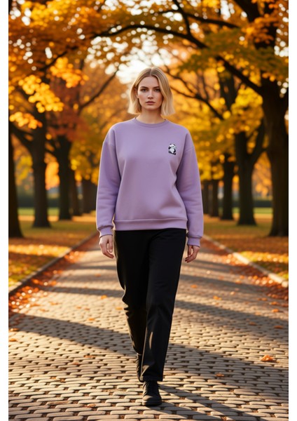 Kadın Bisiklet Yaka Düşük Kol Nakışlı Regular Kalıp Örme Sweatshirt Fonksiyonel Dayanıklı Şık