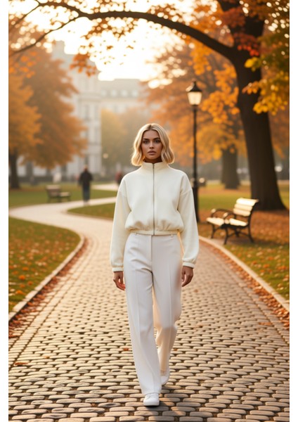 Kadın Dik Yaka Düşük Kol Fermuarlı Crop Polar Sweatshirt Fonksiyonel Dayanıklı Kaliteli Şık