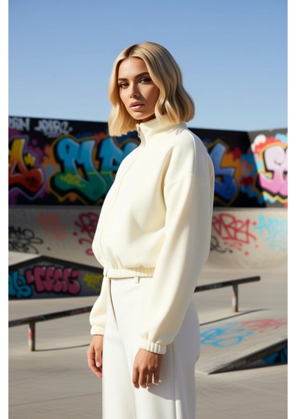 Kadın Dik Yaka Düşük Kol Fermuarlı Crop Polar Sweatshirt Fonksiyonel Dayanıklı Kaliteli Şık indirimleri