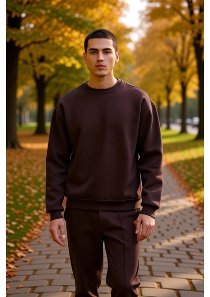 Erkek Bisiklet Yaka Düşük Kol Oversize Kalın Nakışlı Sweatshirt Fonksiyonel Dayanıklı Spor