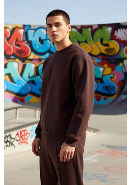 Erkek Bisiklet Yaka Düşük Kol Oversize Kalın Nakışlı Sweatshirt Fonksiyonel Dayanıklı Spor indirimleri