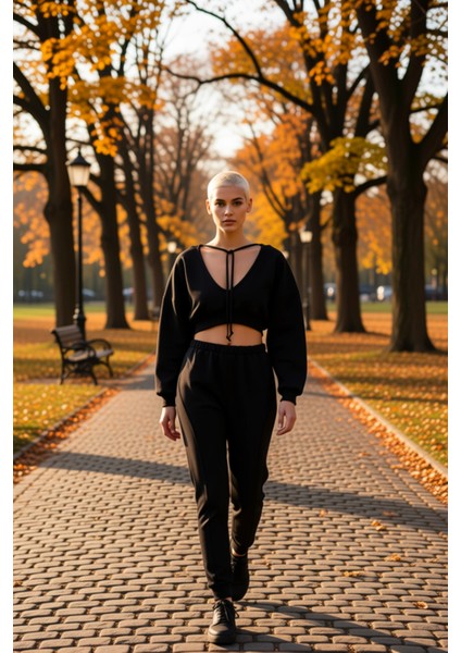 Kadın Kapüşonlu V Yaka Düşük Kol Uzun Kollu Crop Örme Sweatshirt Fonksiyonel Dayanıklı Şık