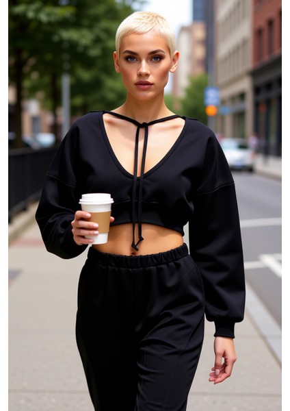 Kadın Kapüşonlu V Yaka Düşük Kol Uzun Kollu Crop Örme Sweatshirt Fonksiyonel Dayanıklı Şık fiyatları