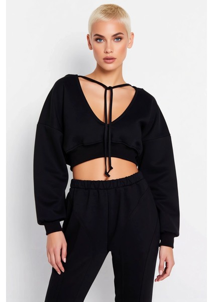 Kadın Kapüşonlu V Yaka Düşük Kol Uzun Kollu Crop Örme Sweatshirt Fonksiyonel Dayanıklı Şık modelleri