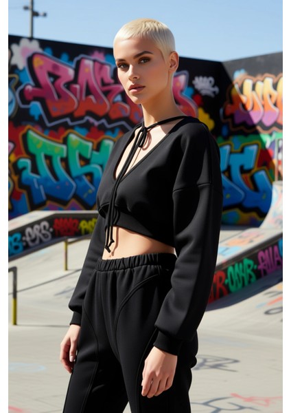 Kadın Kapüşonlu V Yaka Düşük Kol Uzun Kollu Crop Örme Sweatshirt Fonksiyonel Dayanıklı Şık fırsatları