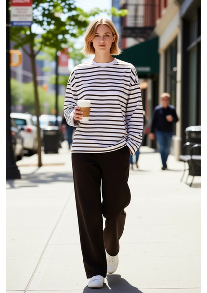 Kadın Bisiklet Yaka Düşük Kol Çizgili Örme Geniş Kesim Sweatshirt Fonksiyonel Dayanıklı Şık fiyatları