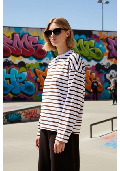 Kadın Bisiklet Yaka Düşük Kol Çizgili Örme Geniş Kesim Sweatshirt Fonksiyonel Dayanıklı Şık indirimleri