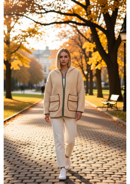 Kadın Kapüşonlu Düşük Kol Fermuarlı Peluş Sweatshirt Fonksiyonel Dayanıklı Kaliteli Modern