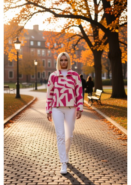 Kadın Dik Yaka Düşük Kol Fermuarlı Baskılı Örme Sweatshirt Fonksiyonel Dayanıklı Kaliteli Şık