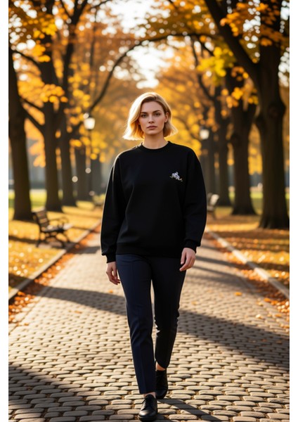 Kadın Bisiklet Yaka Düşük Kol Nakışlı Regular Kalıp Örme Sweatshirt Fonksiyonel Dayanıklı Şık