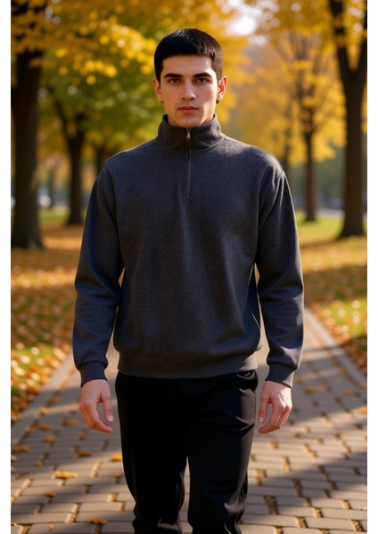 Erkek Dik Yaka Standart Kol Selanik Oversize Kalıp Sweatshirt Fonksiyonel Dayanıklı Modern