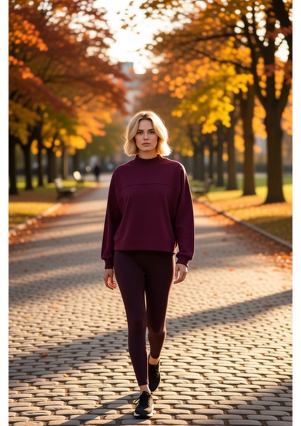 Kadın %100 Pamuk Geniş Kalıp Dik Yaka Düşük Kol Örme Sweatshirt Fonksiyonel Dayanıklı Spor