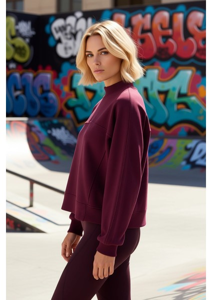 Kadın %100 Pamuk Geniş Kalıp Dik Yaka Düşük Kol Örme Sweatshirt Fonksiyonel Dayanıklı Spor indirimleri