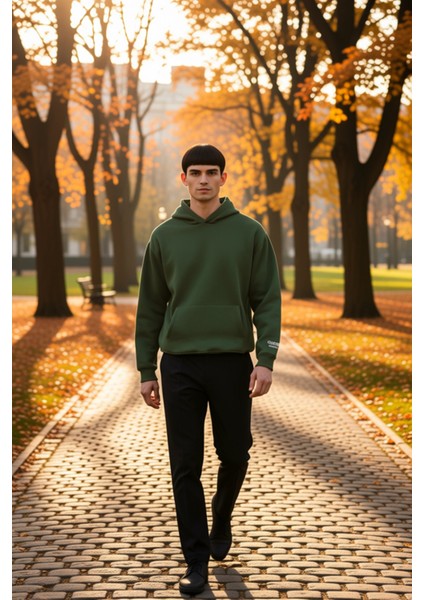 Erkek Kapüşonlu Standart Kol Oversize Kalıp Slogan Desenli Sweatshirt Fonksiyonel Kaliteli