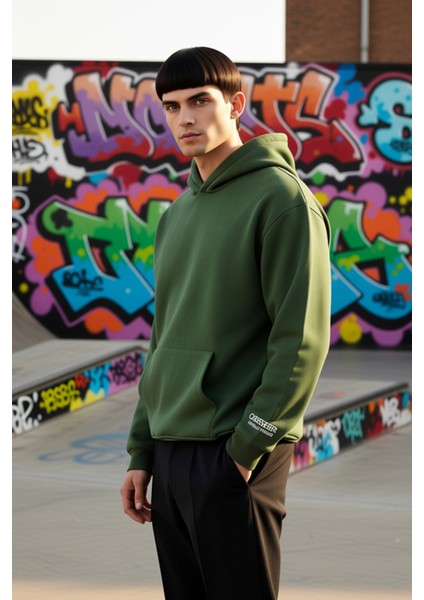 Erkek Kapüşonlu Standart Kol Oversize Kalıp Slogan Desenli Sweatshirt Fonksiyonel Kaliteli indirimleri