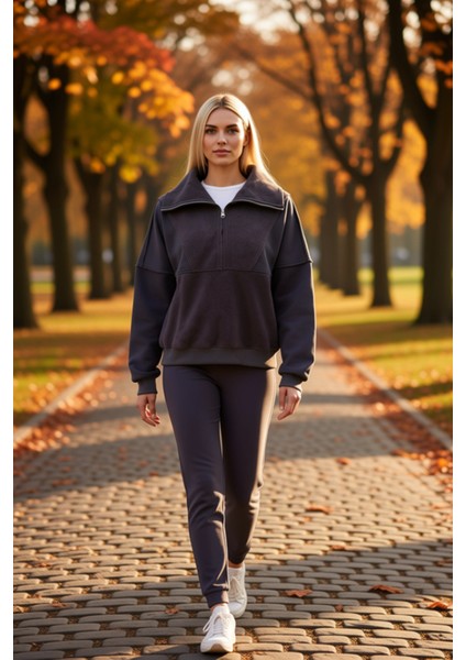 Kadın Dik Yaka Düşük Kol Fermuarlı Polar Sweatshirt Fonksiyonel Dayanıklı Kaliteli Estetik