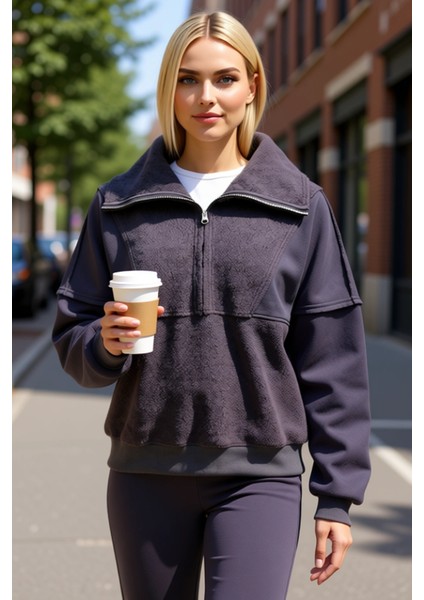 Kadın Dik Yaka Düşük Kol Fermuarlı Polar Sweatshirt Fonksiyonel Dayanıklı Kaliteli Estetik fiyatları