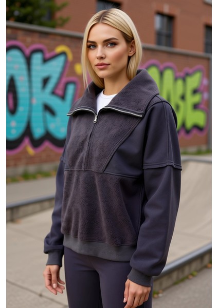 Kadın Dik Yaka Düşük Kol Fermuarlı Polar Sweatshirt Fonksiyonel Dayanıklı Kaliteli Estetik indirimleri