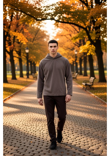 Erkek Kapüşonlu Standart Kol Fitilli Kadife Oversize Kalıp Sweatshirt Fonksiyonel Kaliteli