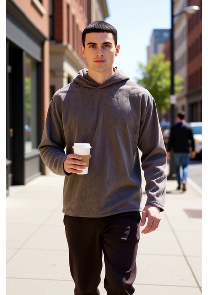 Erkek Kapüşonlu Standart Kol Fitilli Kadife Oversize Kalıp Sweatshirt Fonksiyonel Kaliteli fiyatları